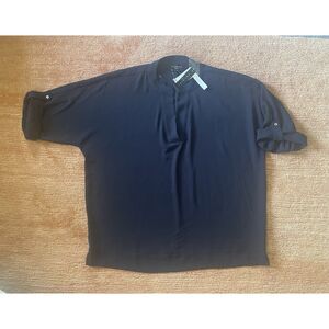 Premise Woman Navy Blouse 1X 3/4 Sleeve Roll Tab Collarless Tunic Top NWT